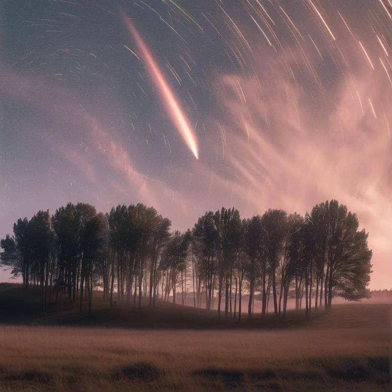 Bright meteor streaks past arcing star trails in a pink twilight sky above misty trees and a dark grassy meadow.