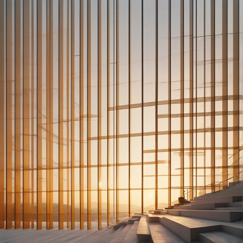 Vertical amber fins of a tall facade catch the low sun while tiered concrete steps fill the interior.