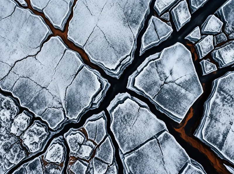 Jagged white frosted ice fragments float over deep black water, warm amber undertones peek through the deep cracks.