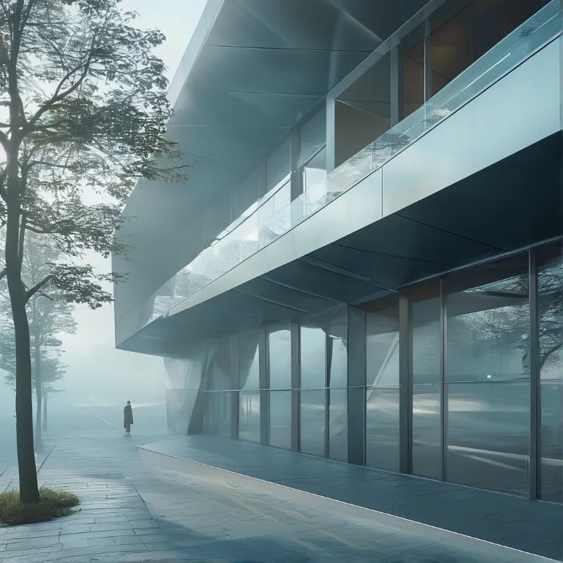 A sleek modernist building with a floating glass balcony rises above wet stone paving on a misty morning.