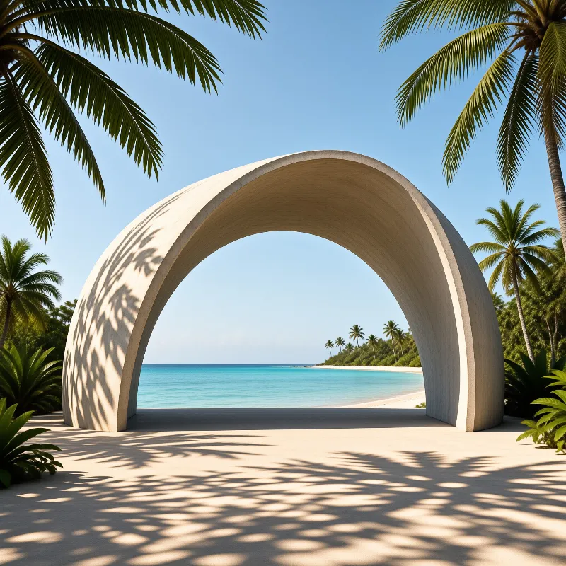 A smooth circular archway of pale stone stands between palm trees, framing turquoise water and white sand in strong sunlight.