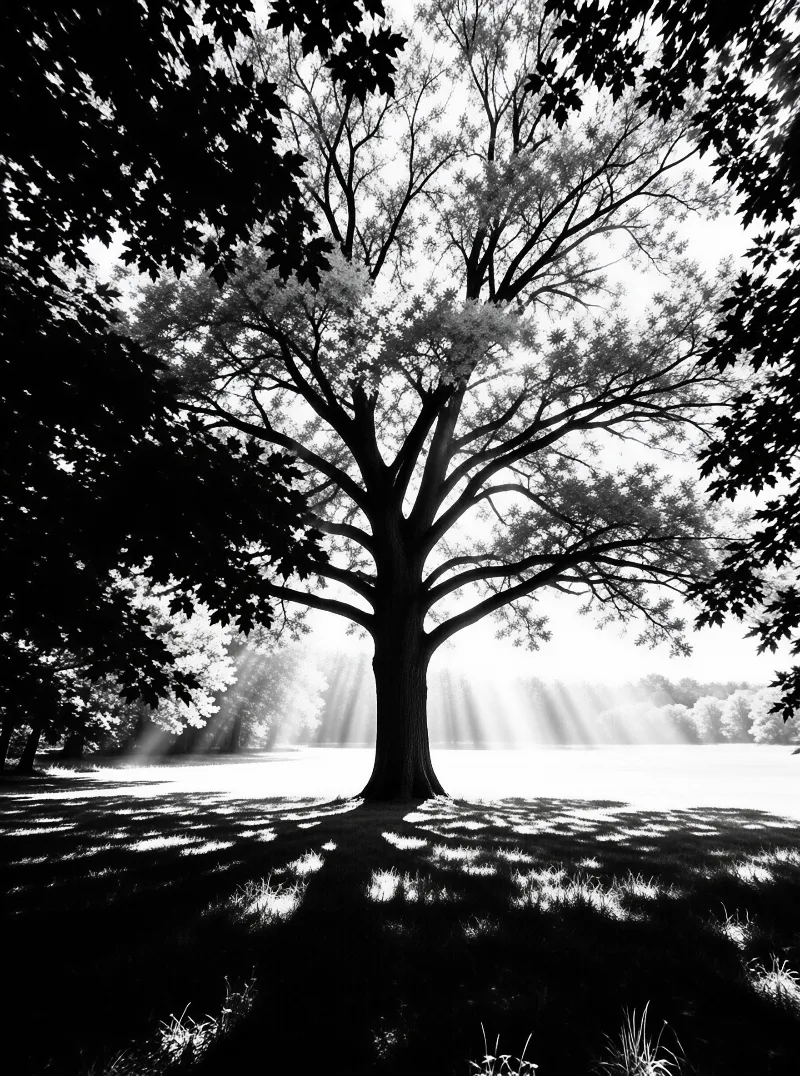 A large tree stands in a field while sunlight streams through its branches casting beams across the grass.