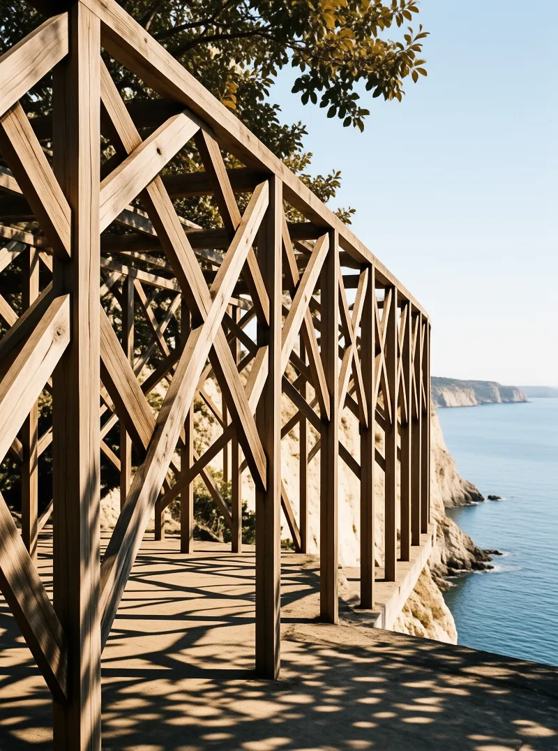 Wooden Railing by the Sea