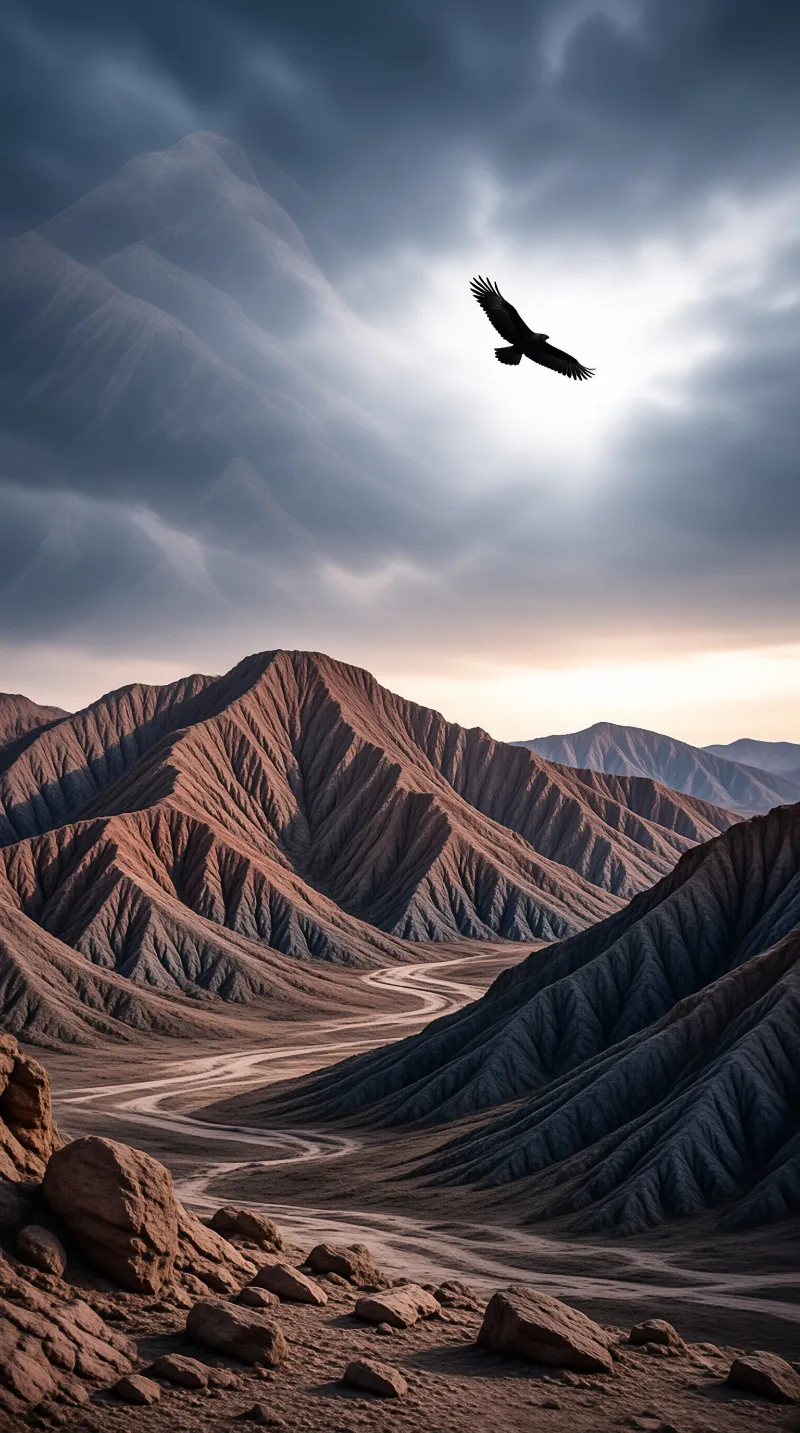 A bird of prey spreads its wings above a rugged brown landscape while sunlight breaks through the clouds behind the ridges.