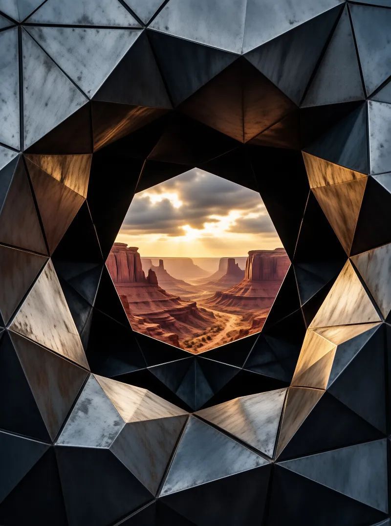 Polygonal stone walls surround a hexagonal opening that reveals a desert canyon landscape at sunset.
