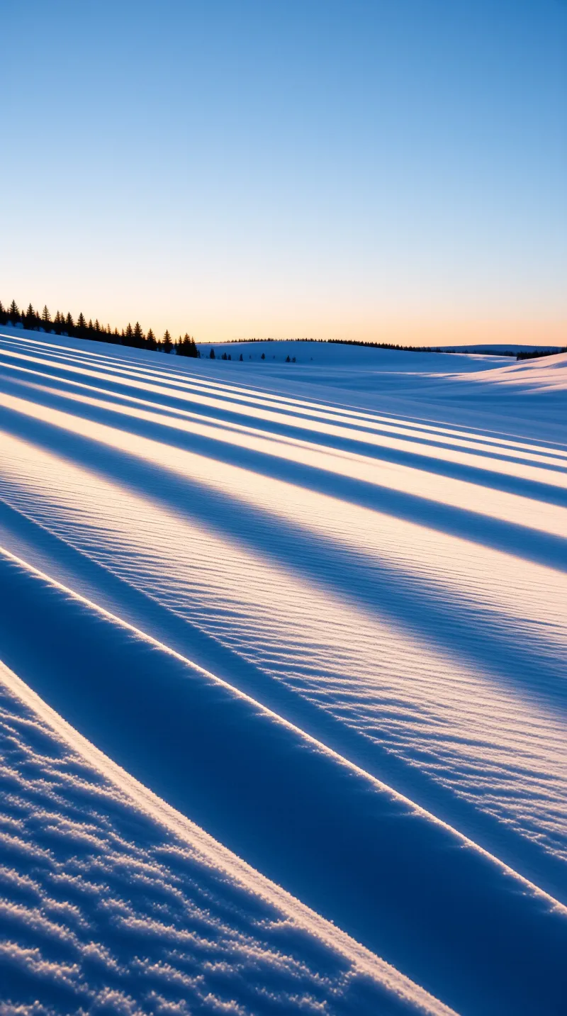 A wide expanse of snow shows long parallel tracks stretching toward a distant tree line under a soft gradient sky.