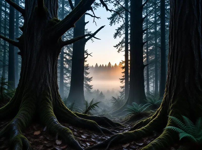 Mossy roots extend across the forest floor toward a foggy valley where dawn breaks softly between tall evergreens.