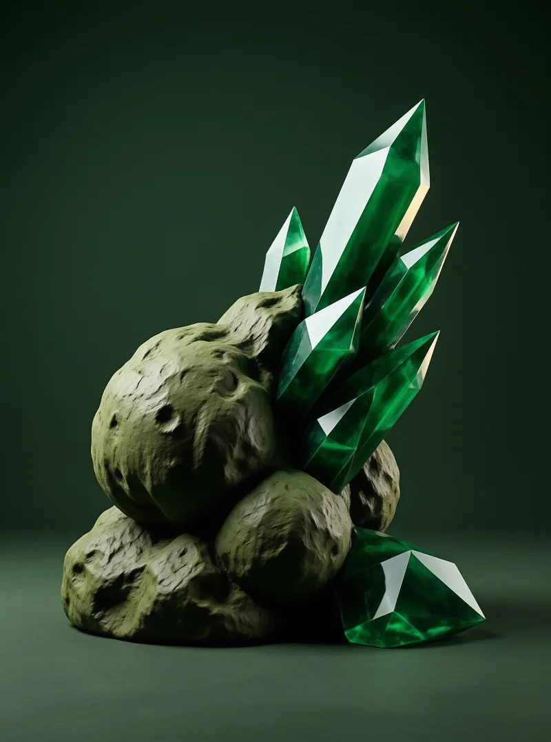 Translucent emerald shards rise sharply from a heap of textured mossy rocks under soft directional lighting.
