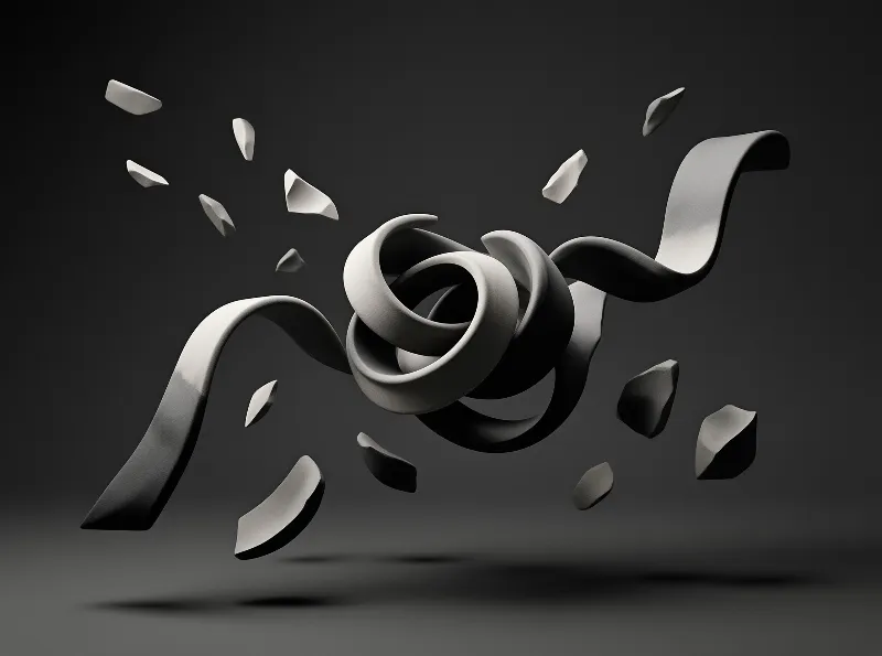 Monochrome 3d artwork displays smooth ribbons and floating shards suspended in a dark void.