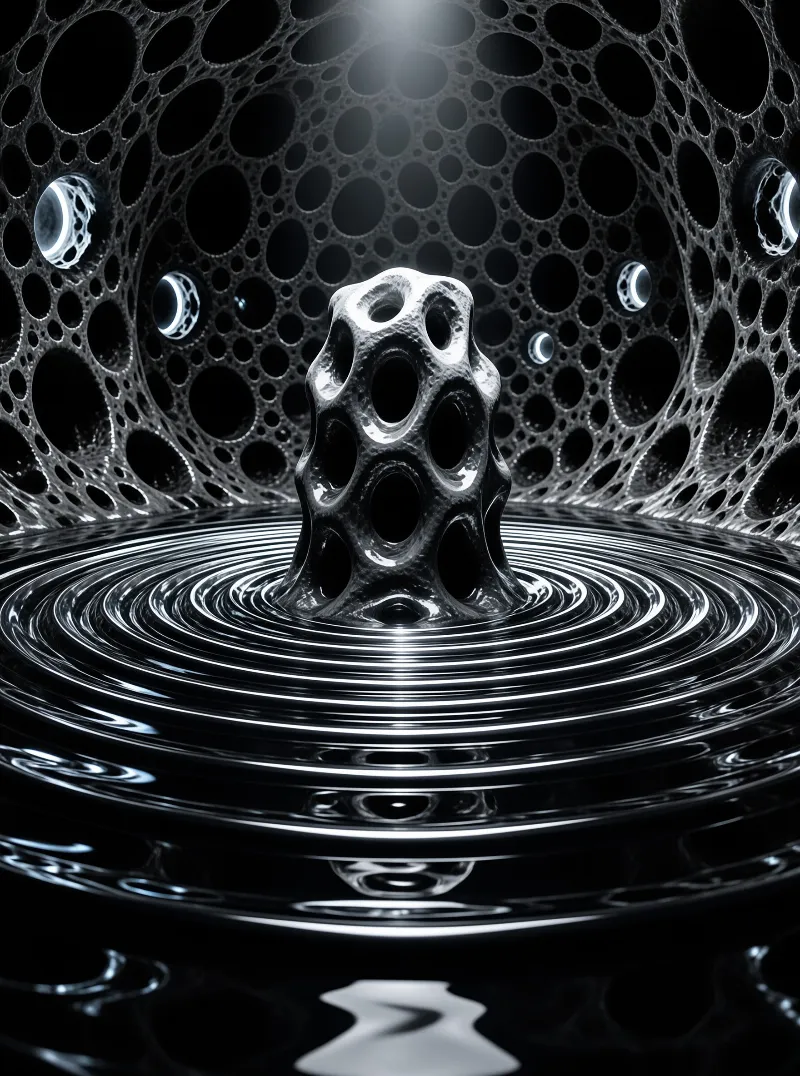 A shiny irregular shape emerges from a black liquid surface inside a cave of holes.