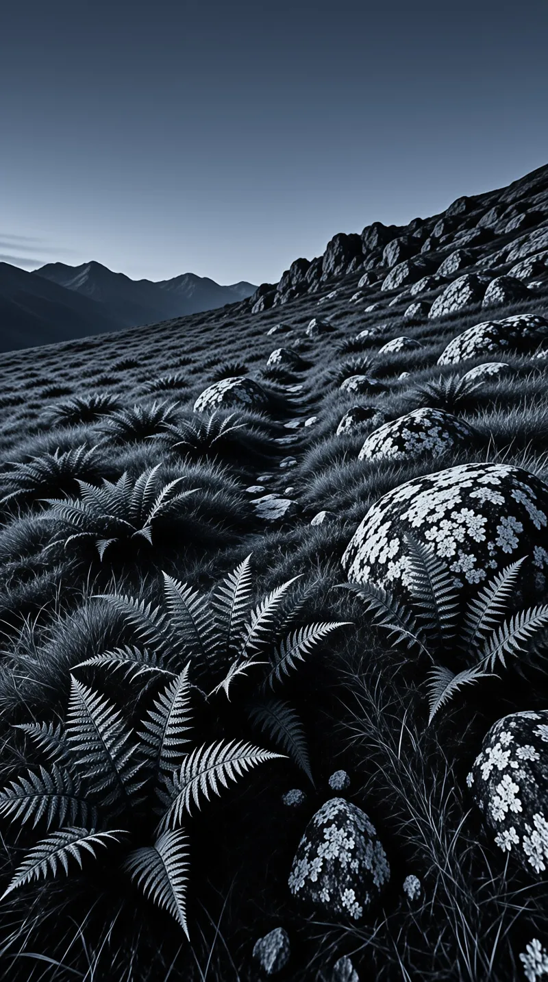 Large ferns and lichen-covered rocks spread across a grassy mountain slope under a clear blue sky.
