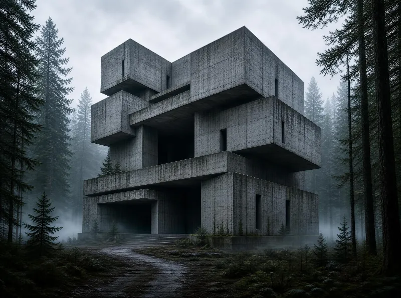Brutalist Structure in Mist