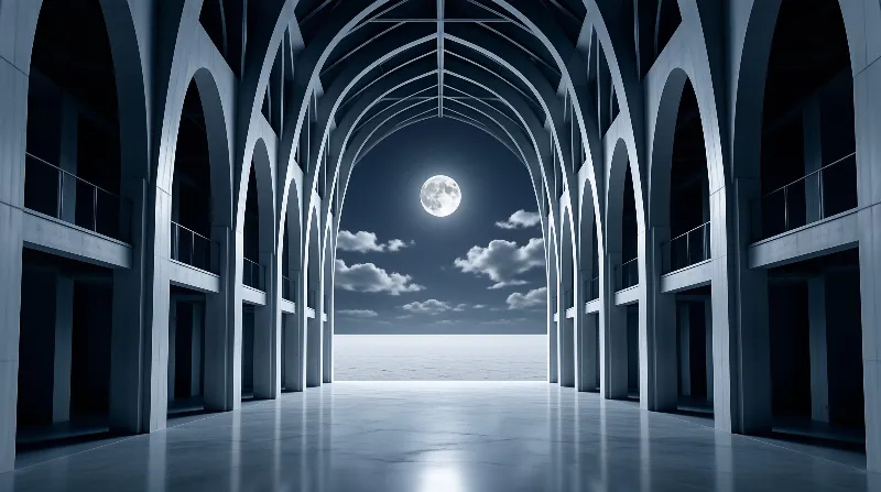 A row of white arches leads toward a bright full moon above a flat white landscape under a blue sky.