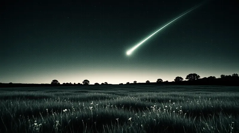 A luminous meteor trail cuts across the starry sky above a dark meadow and silhouetted treeline.