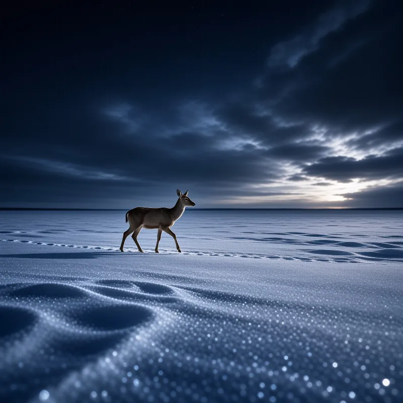 A deer strides across a sparkling icy plain beneath a dark clouded sky with a bright horizon glow.