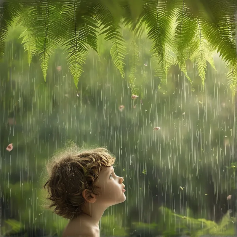 A young child with light hair looks upward while rain falls through the green canopy of a jungle.