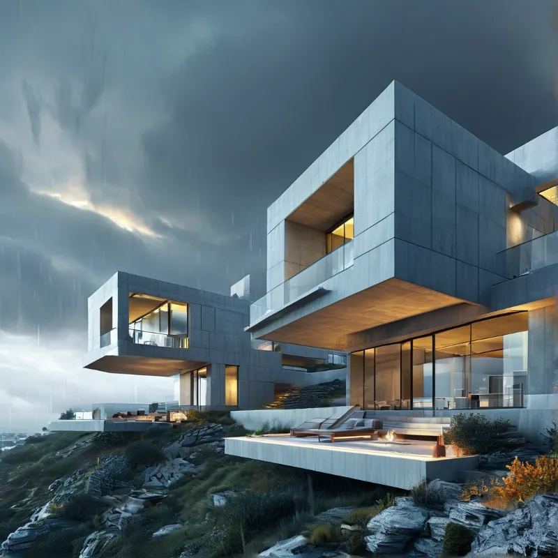 A multi-level concrete structure clings to a rocky cliff, its warm yellow windows glowing against the dark stormy sky.