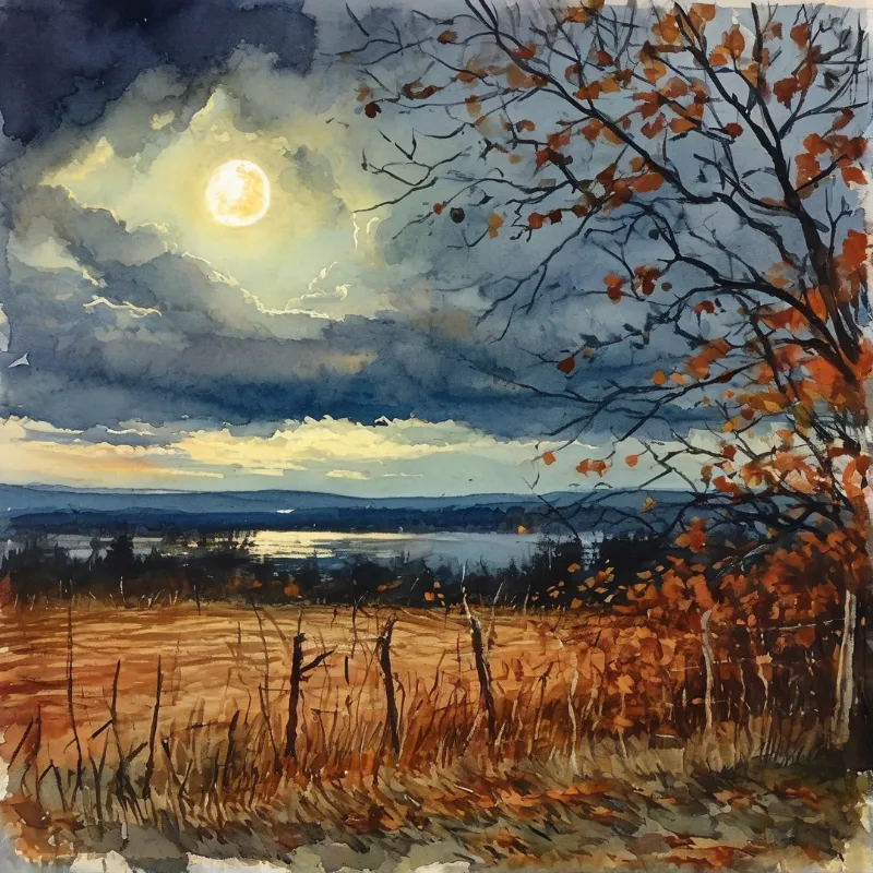 A golden full moon glows through layered clouds above a dry autumn field and a distant silver lake.