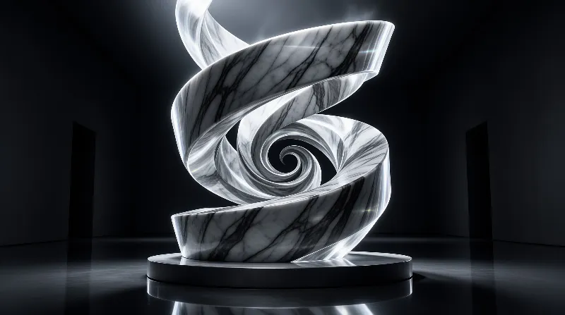 A twisting white stone ribbon stands on a black pedestal in a shadowy room.