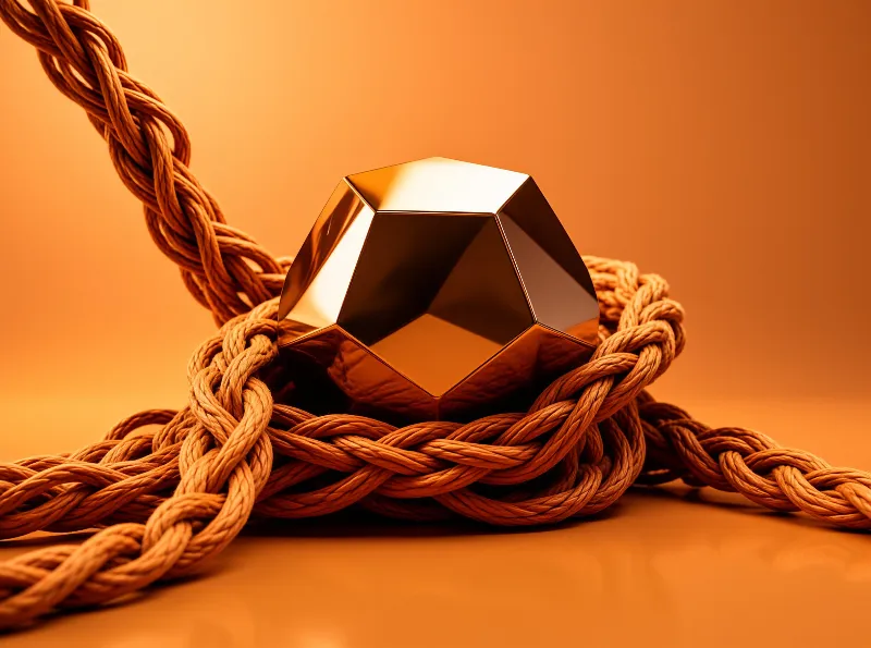 A shiny dark polyhedron rests within a tangled mass of thick orange braided cord on a smooth surface.