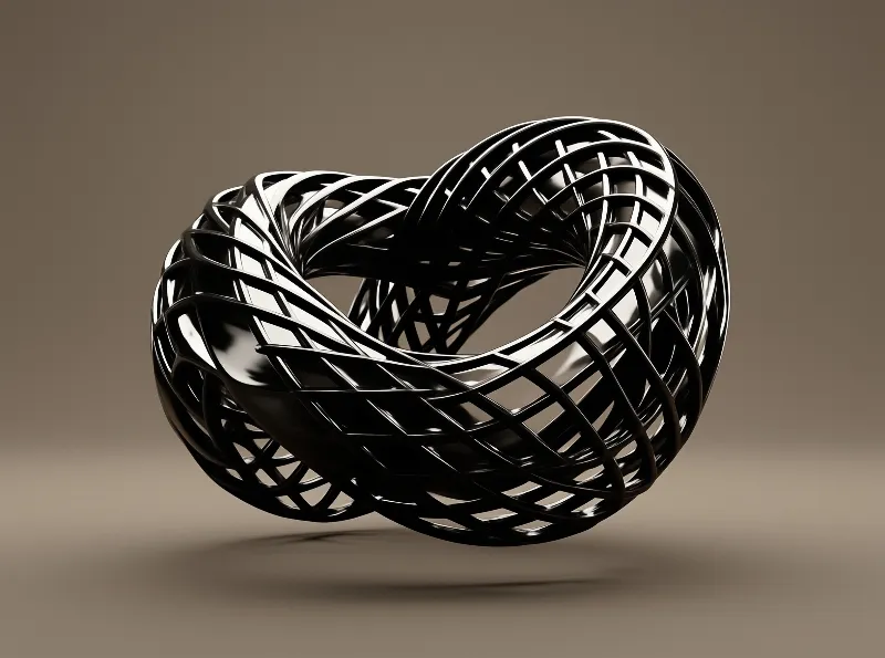 A polished black lattice knot twists above a warm gray gradient with a soft shadow below.