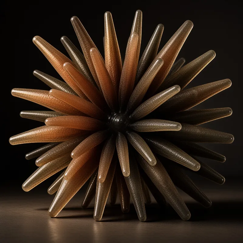 A spherical object covered in numerous brown, glossy spikes sits centered against a black background, with lighting highlighting the texture and curvature of each protrusion while casting soft shadows beneath the sphere.