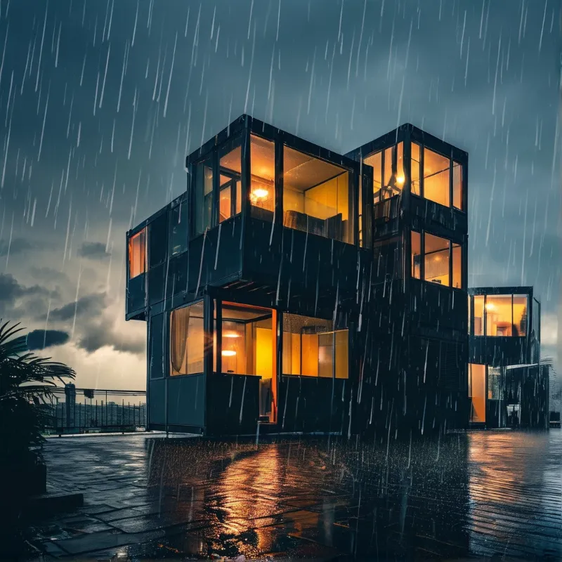 A stacked shipping container building emits orange light from windows during a heavy downpour reflecting on wet pavement.