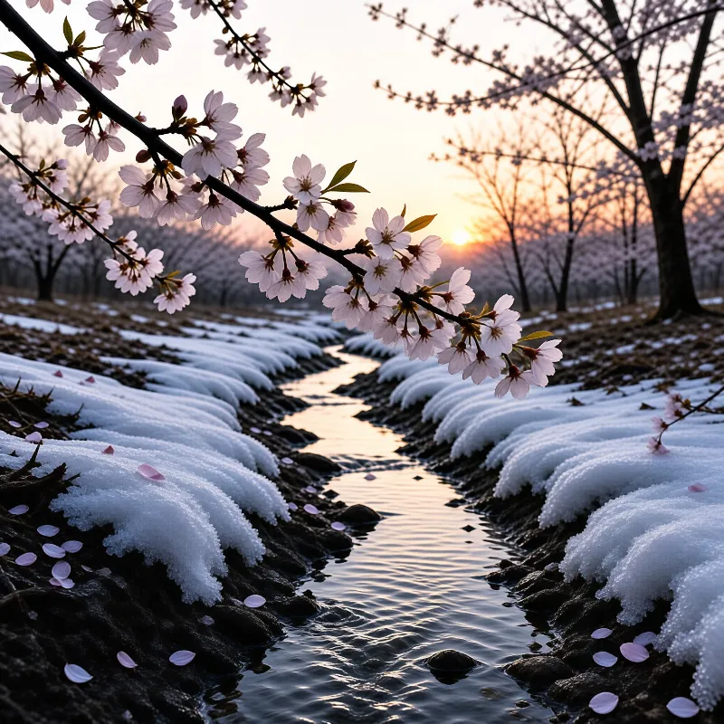 A branch of pale pink blossoms hangs above a narrow creek bordered by granular snow at golden sunset.