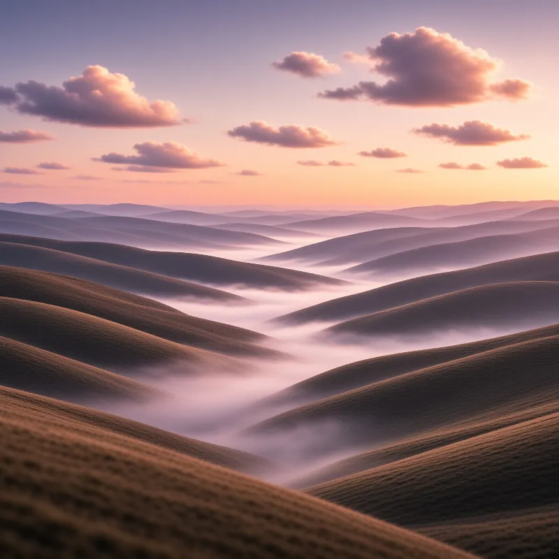 Soft rolling hills drift across the frame with mist pooling in the valleys under a pastel pink sunset sky