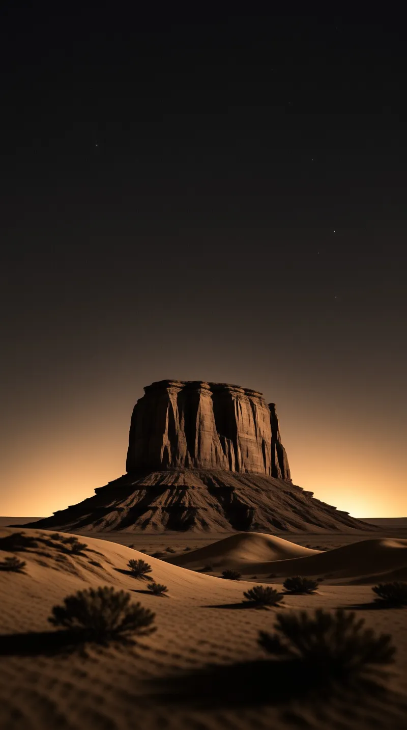 A lone sandstone mesa glows faintly at dusk above rippled dunes dotted with dark desert shrubs.