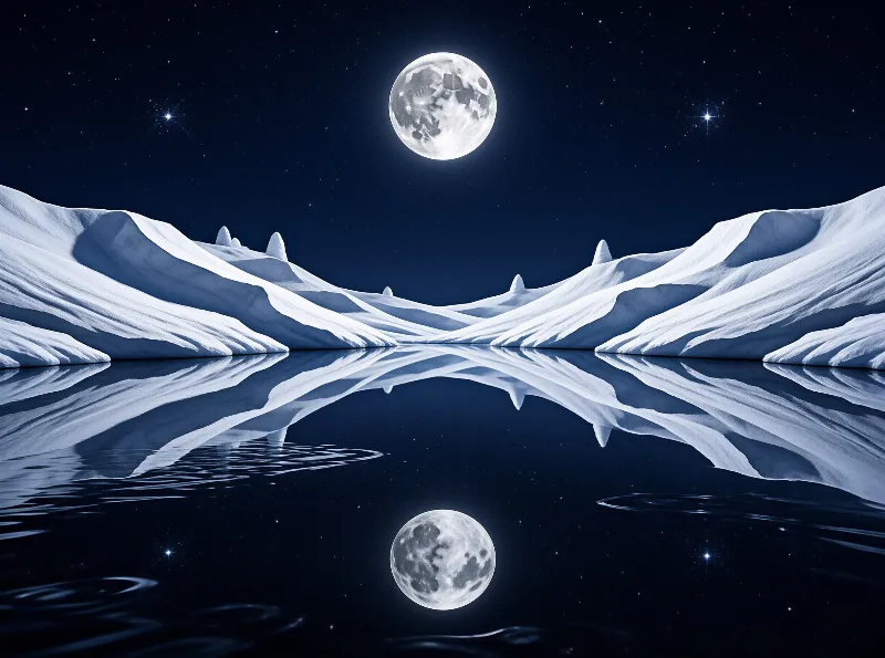 A full moon lights rolling snow ridges that reflect perfectly in the glassy dark water below.