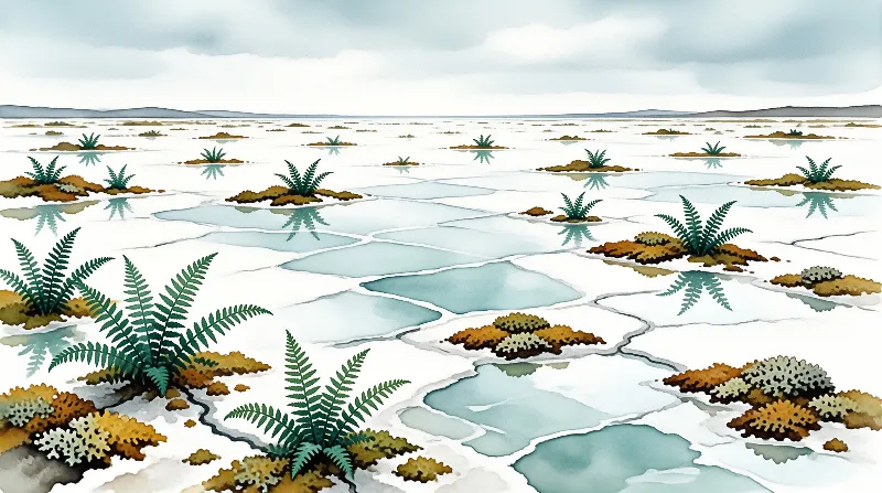 A wide view of a salt flat featuring green ferns on brown mounds surrounded by shallow water pools under an overcast sky.