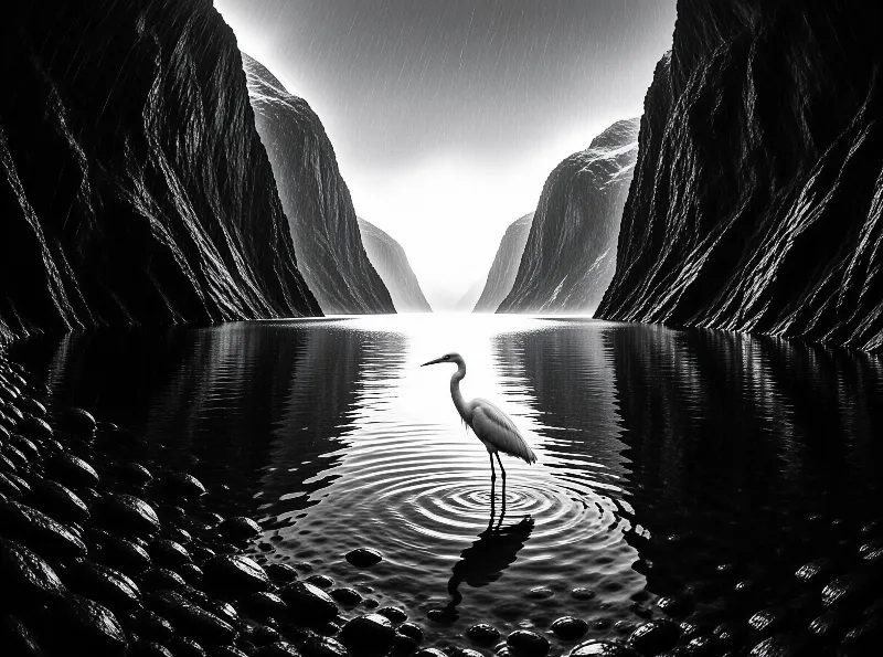 A white egret stands in calm river water surrounded by ripples, framed by steep cliffs under a cloudy sky.