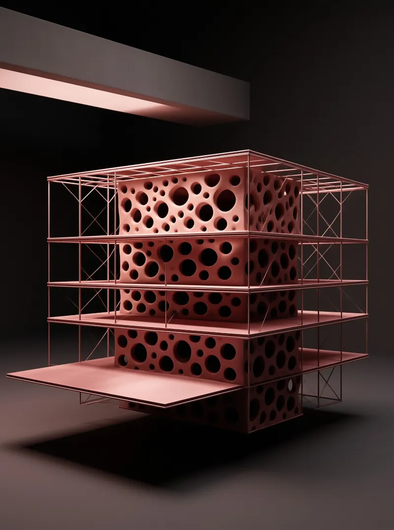 Four porous blocks sit inside a delicate copper wireframe illuminated by warm pink light against a dark void.