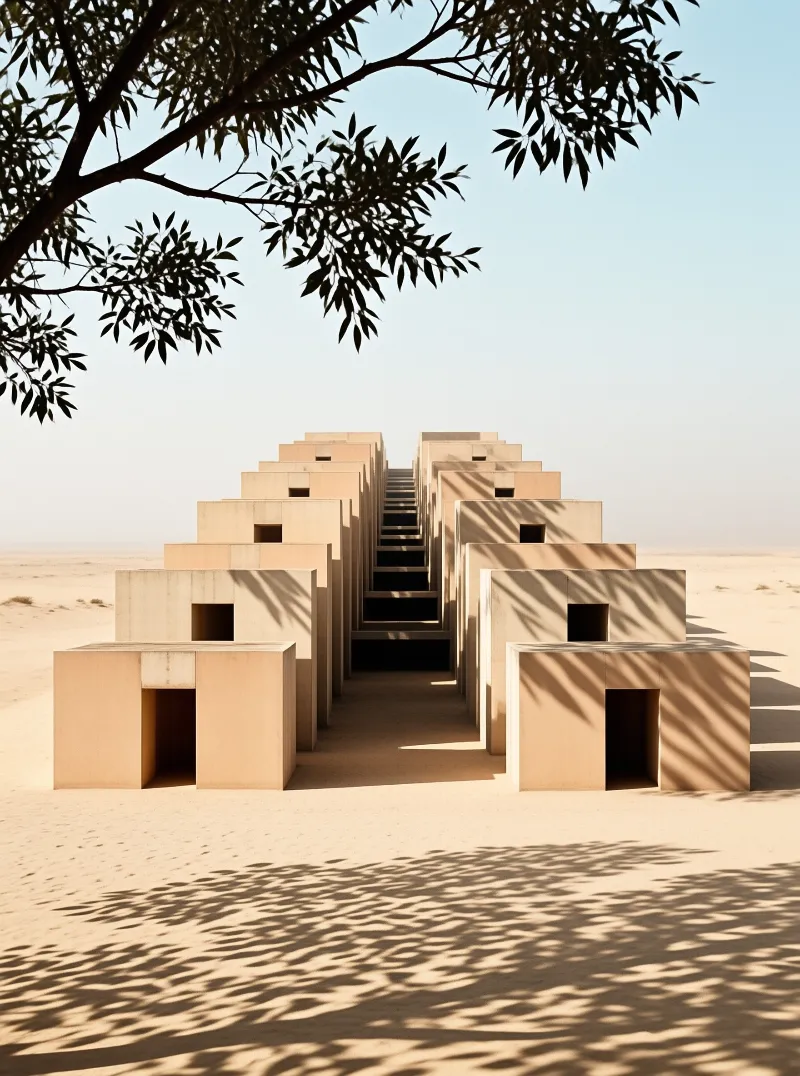Rows of sand-toned cubic pavilions march toward the horizon while palm fronds cast lacy shadows across desert sand.