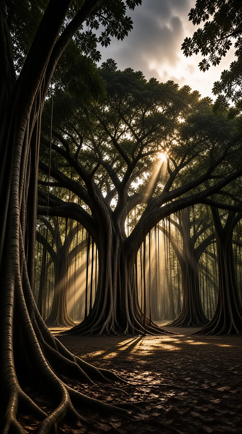 Large trees with hanging roots form natural arches as beams of sunlight pierce through the dense green canopy.