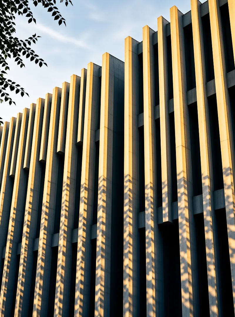 Sunlight highlights the vertical concrete columns of a modern structure while tree leaves frame the upper left corner of the view.