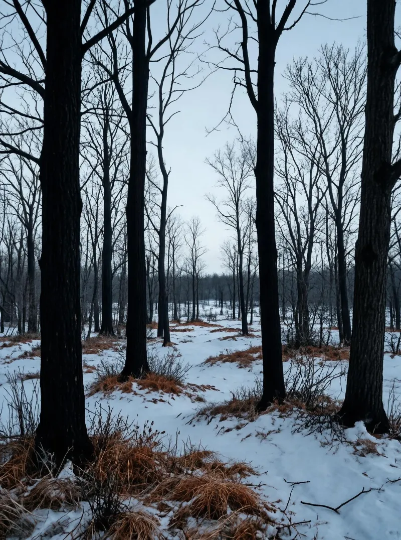 A snowy winter forest with tall leafless trees and dry grasses scattered across the snow