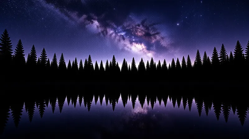 Dark pine trees silhouette against a purple starry sky, reflecting in the still lake water below.