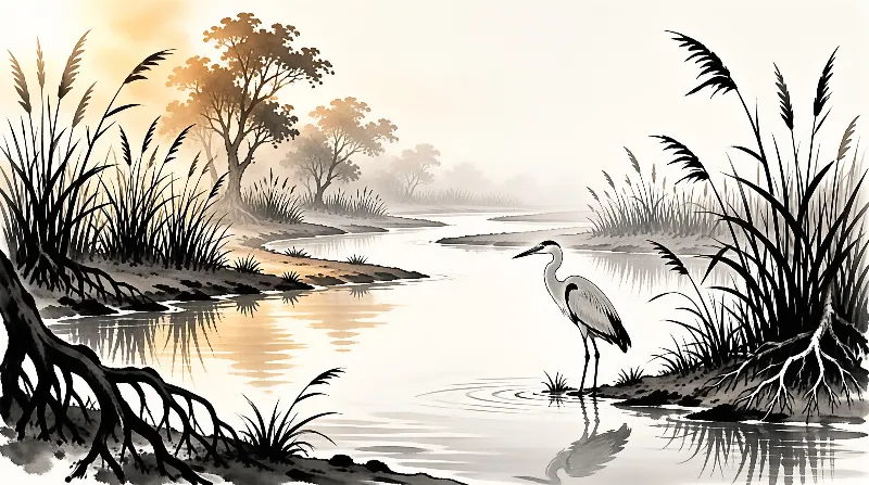 A solitary heron wades in a calm river bordered by dark reeds and trees under a soft golden sky.