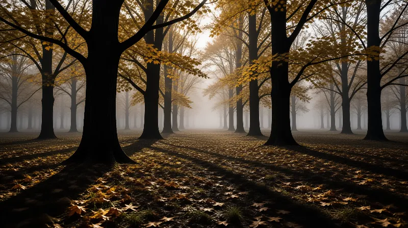 Tall dark trees stand in rows amidst thick fog while golden autumn leaves cover the forest floor.