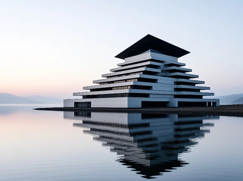 A large white stepped structure stands on a narrow strip of land surrounded by calm water during twilight.