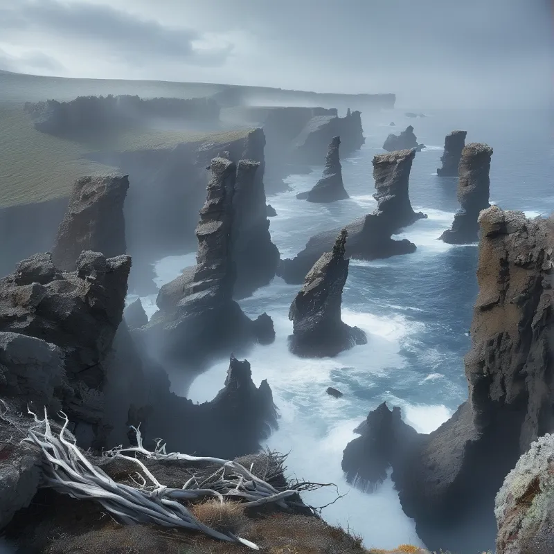 Misty Sea Stack Cliffs