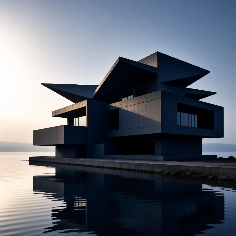 A sharp angled house sits on a platform reflecting in the water below during early morning light.