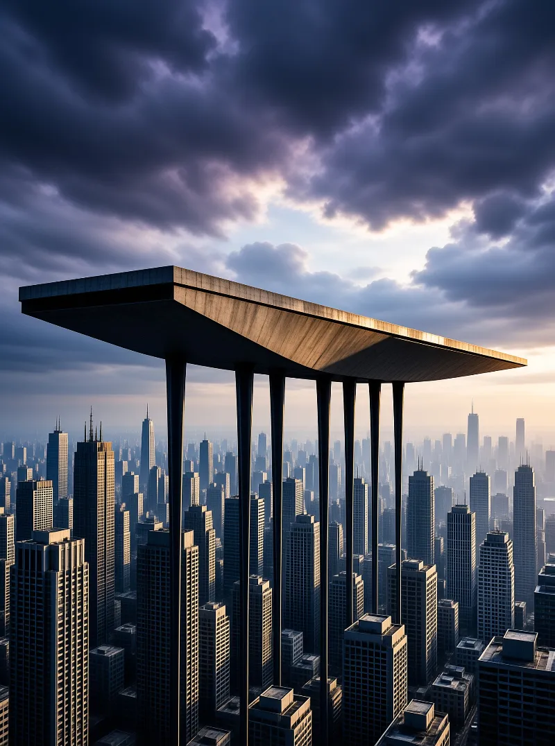 A large rectangular deck suspended by vertical columns overlooks a sprawling metropolis beneath dramatic clouds.