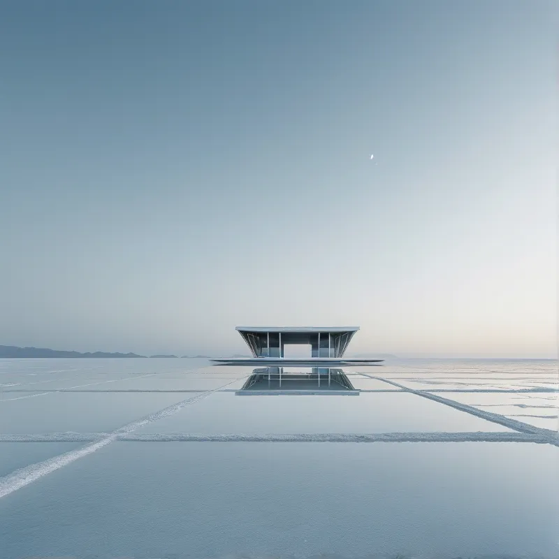 A sleek white architectural structure sits centrally on a grid of reflective water with a pale moon in the blue sky.
