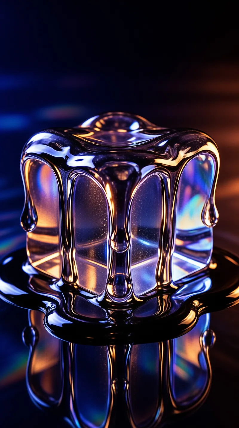 A glossy melting shape rests on a mirror finish displaying vibrant purple and orange hues.