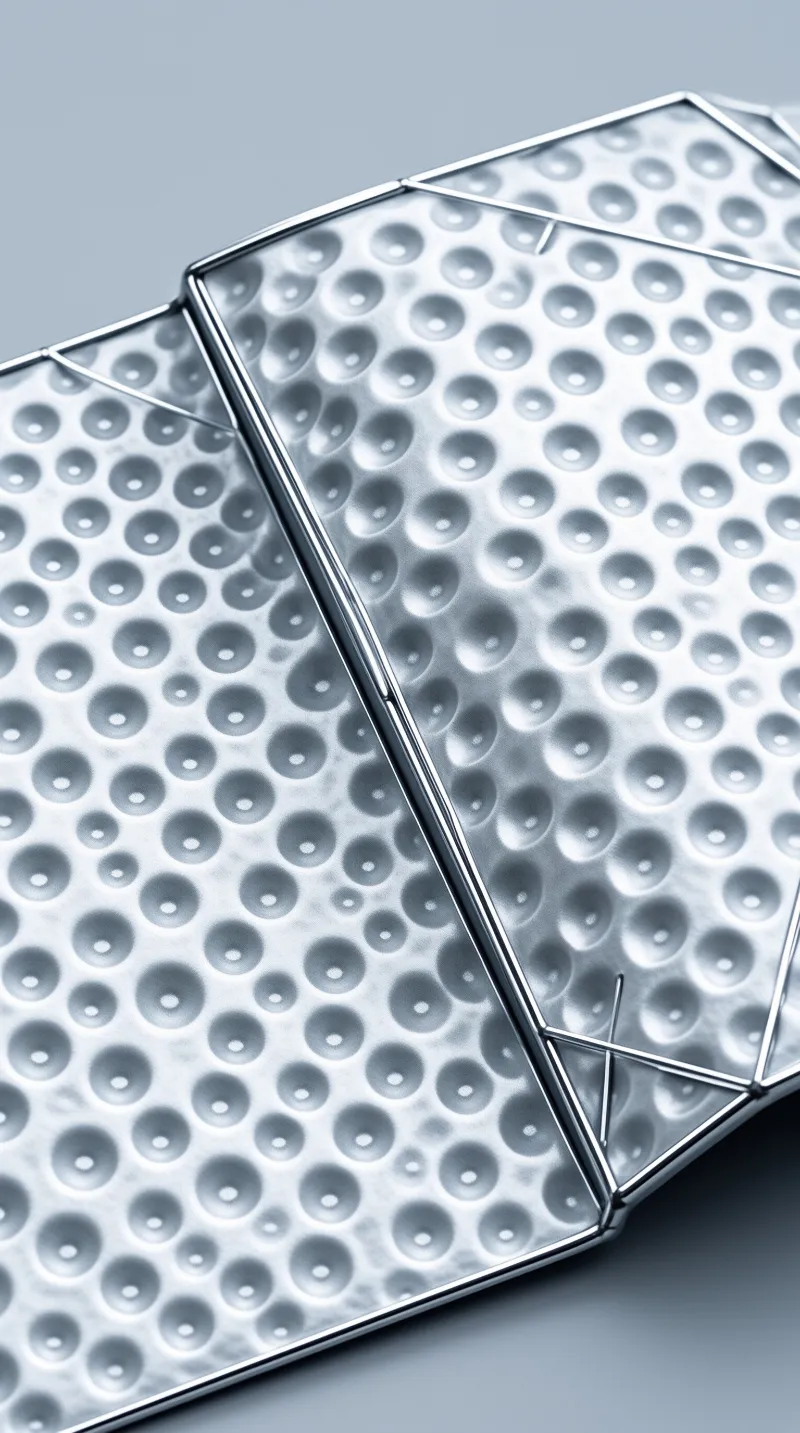 Interconnected hexagonal panels feature a repeating pattern of circular indentations under cool blue lighting.