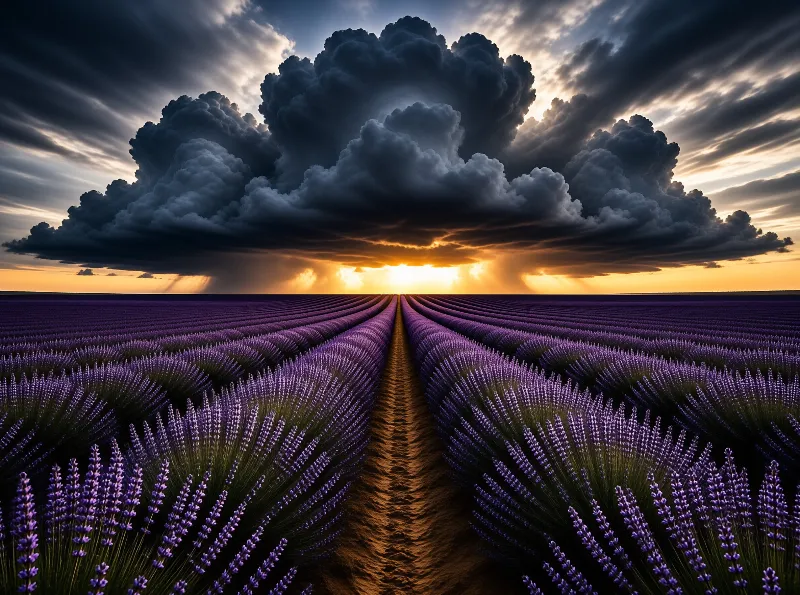 Rows of purple lavender flowers stretch across a vast field towards a bright orange sunset on the horizon while massive dark clouds gather above releasing beams of light onto the central dirt path.