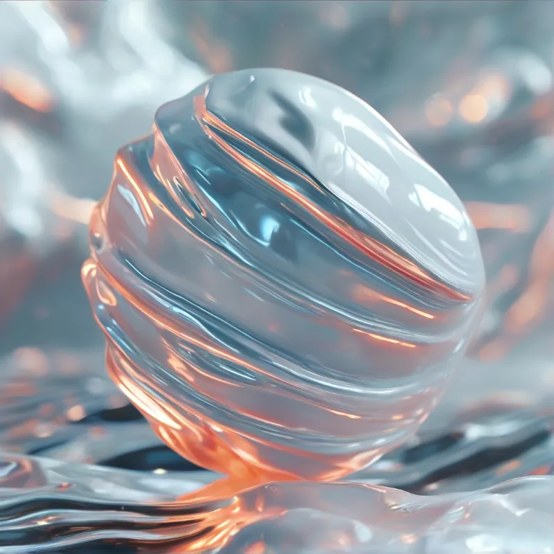 A translucent sphere with swirling layers reflects warm copper tones against a blurry blue background.